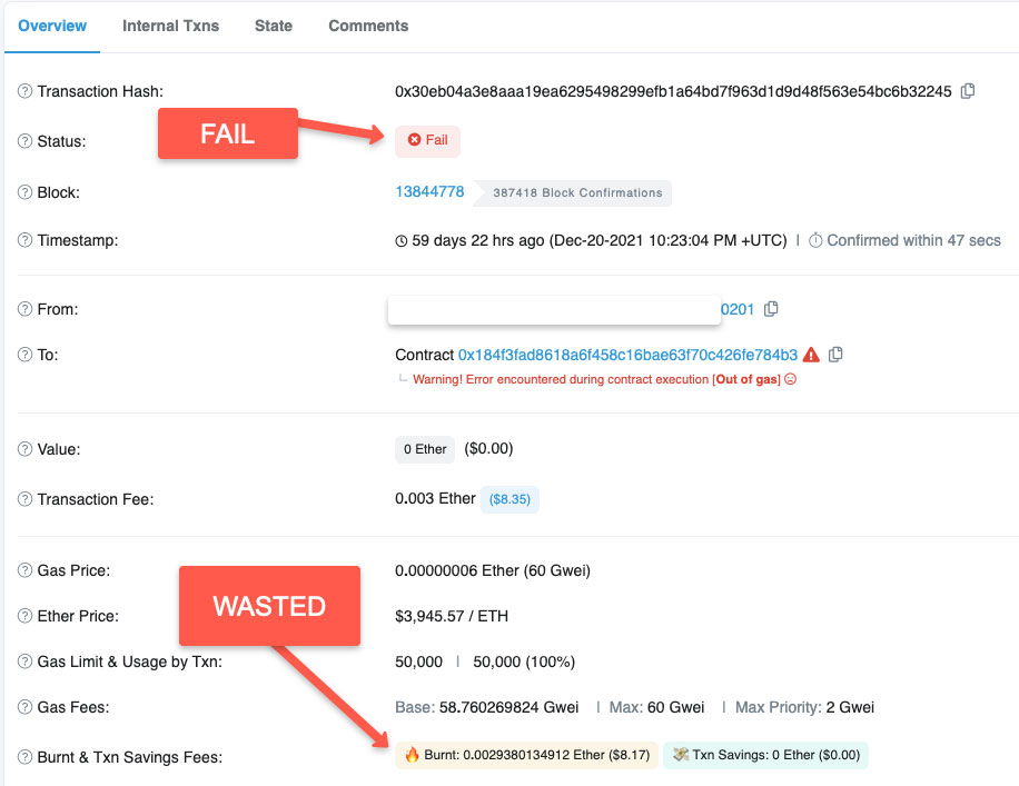 wasted eth on failed transaction